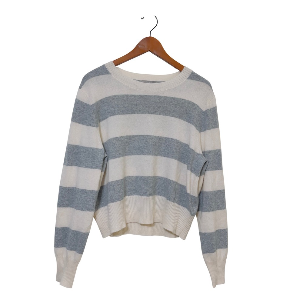 J.Crew Cashmere Cropped Striped Sweater XL Grey White Crewneck Preppy Nautical